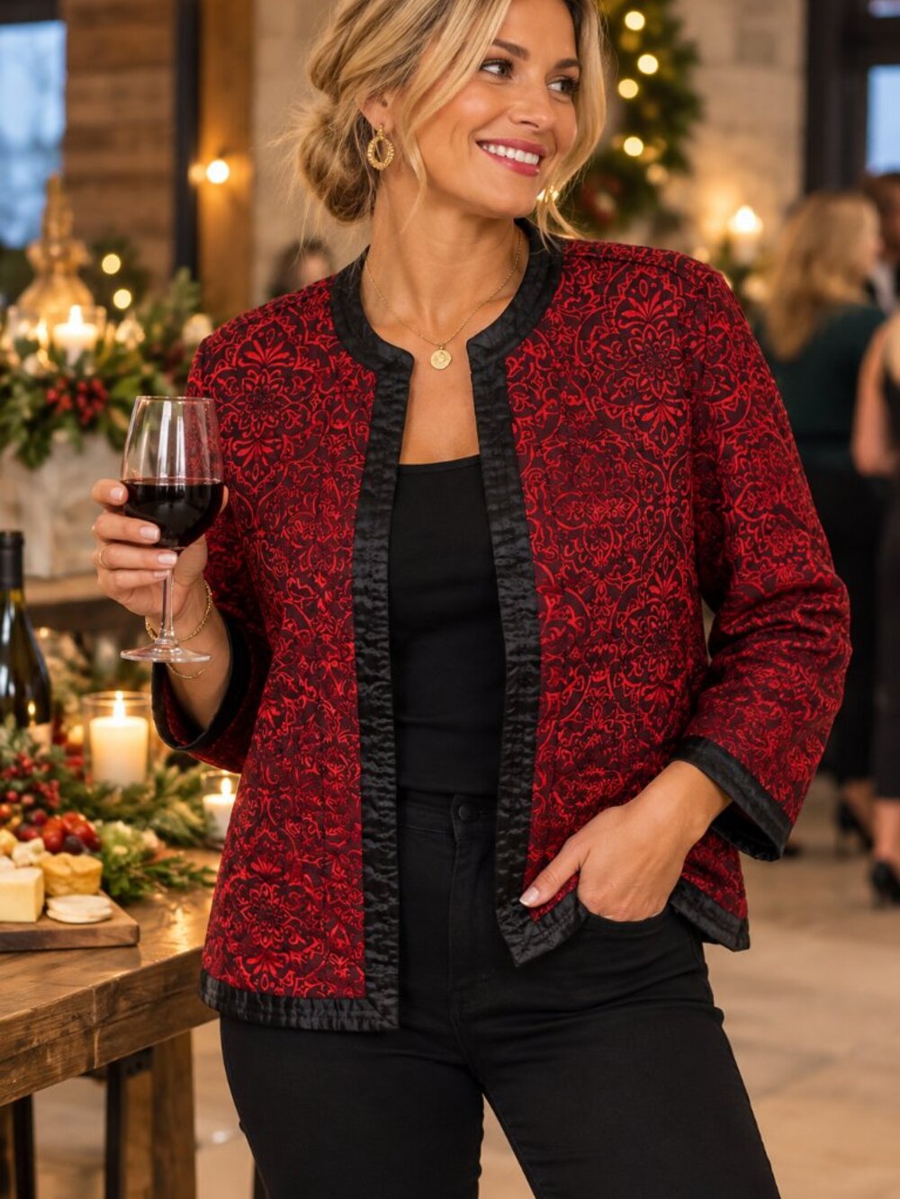 Alfred Dunner Red Black Floral Brocade Open Front Jacket Size 14